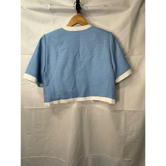Henry-Lee, baby blue cropped Blazer Jacket with white trim Cloth Covered Buttons - Picture 4 of 8
